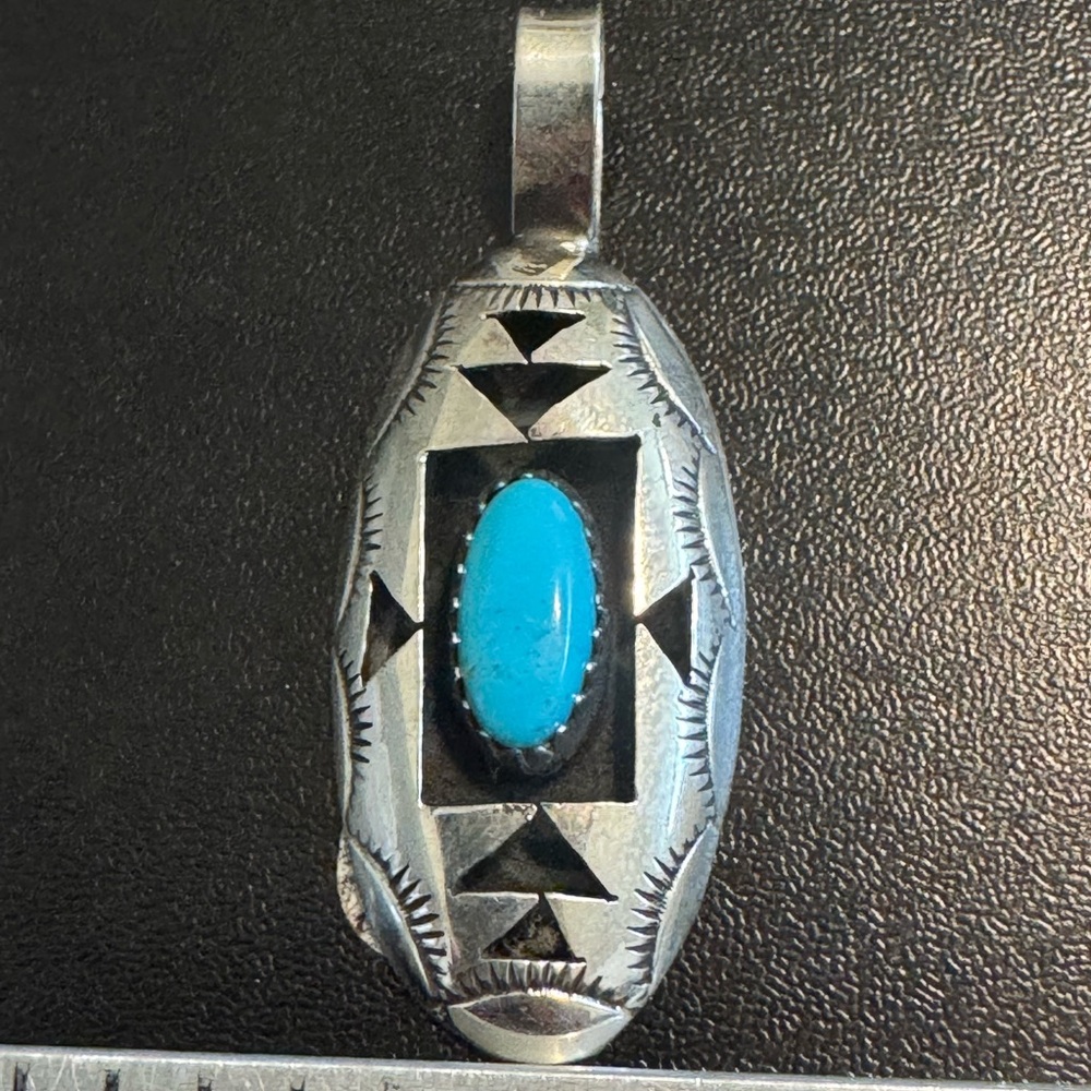 Felix Perry Navajo Handmade Sterling Silver Kingman Turquoise Shadowbox Pendant - Picture 3 of 4